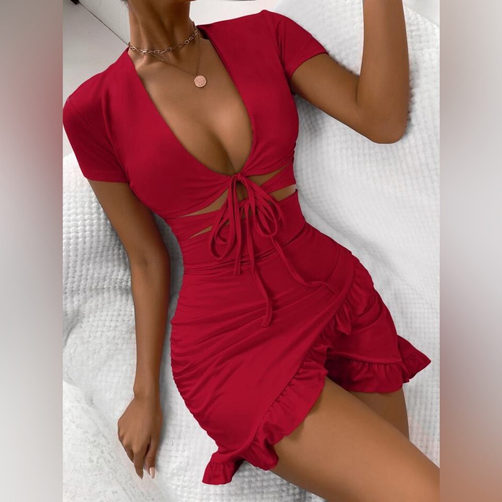 Red Ruched Tie-Front Mini Dress